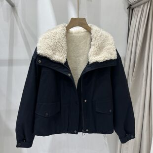 时尚羊羔毛翻领加绒派克服女2025冬新款宽松百搭加厚保暖棉服外套