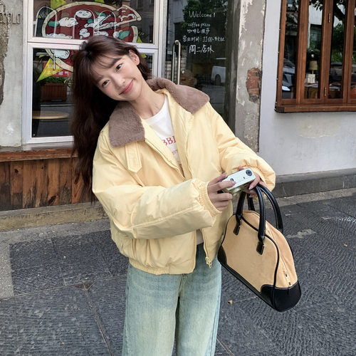 实拍2025新羽绒棉服女冬季短款羊羔毛小个子保暖宽松复古棉衣外套