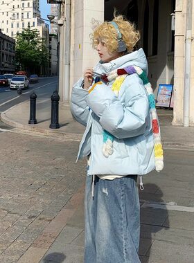 慵懒风天蓝色连帽加厚保暖面包服冬季小个子百搭字母刺绣棉服外套