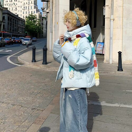 慵懒风天蓝色连帽加厚保暖面包服冬季小个子百搭字母刺绣棉服外套