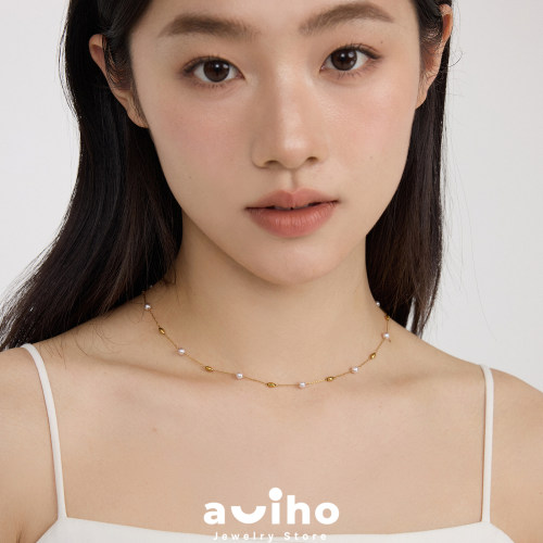 aviho 法式间隔珍珠项链百搭小众气质简约叠戴锁骨链