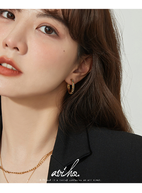 aviho 小众做旧风黑锆石耳圈小巧C形百搭ins风耳环