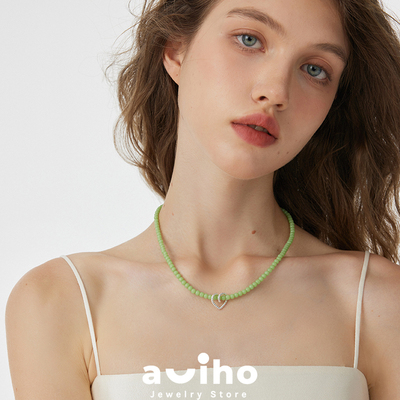 aviho 时髦琉璃珠镶嵌爱心吊坠串珠项链女小众设计休闲颈链锁骨链