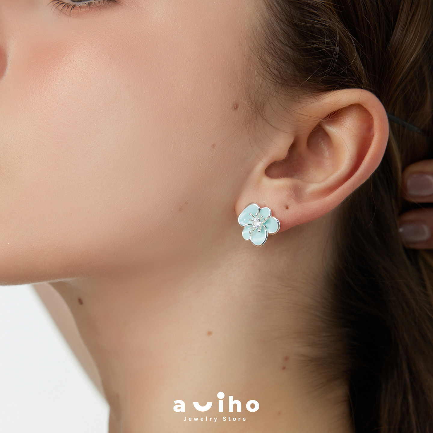 aviho 清新薄荷绿花朵耳钉女新款高级气质独特漂亮耳环小众度假风