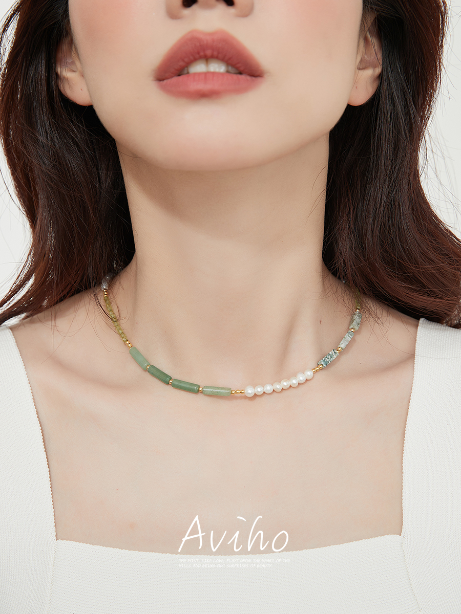 aviho天然石混合材质女锁骨链