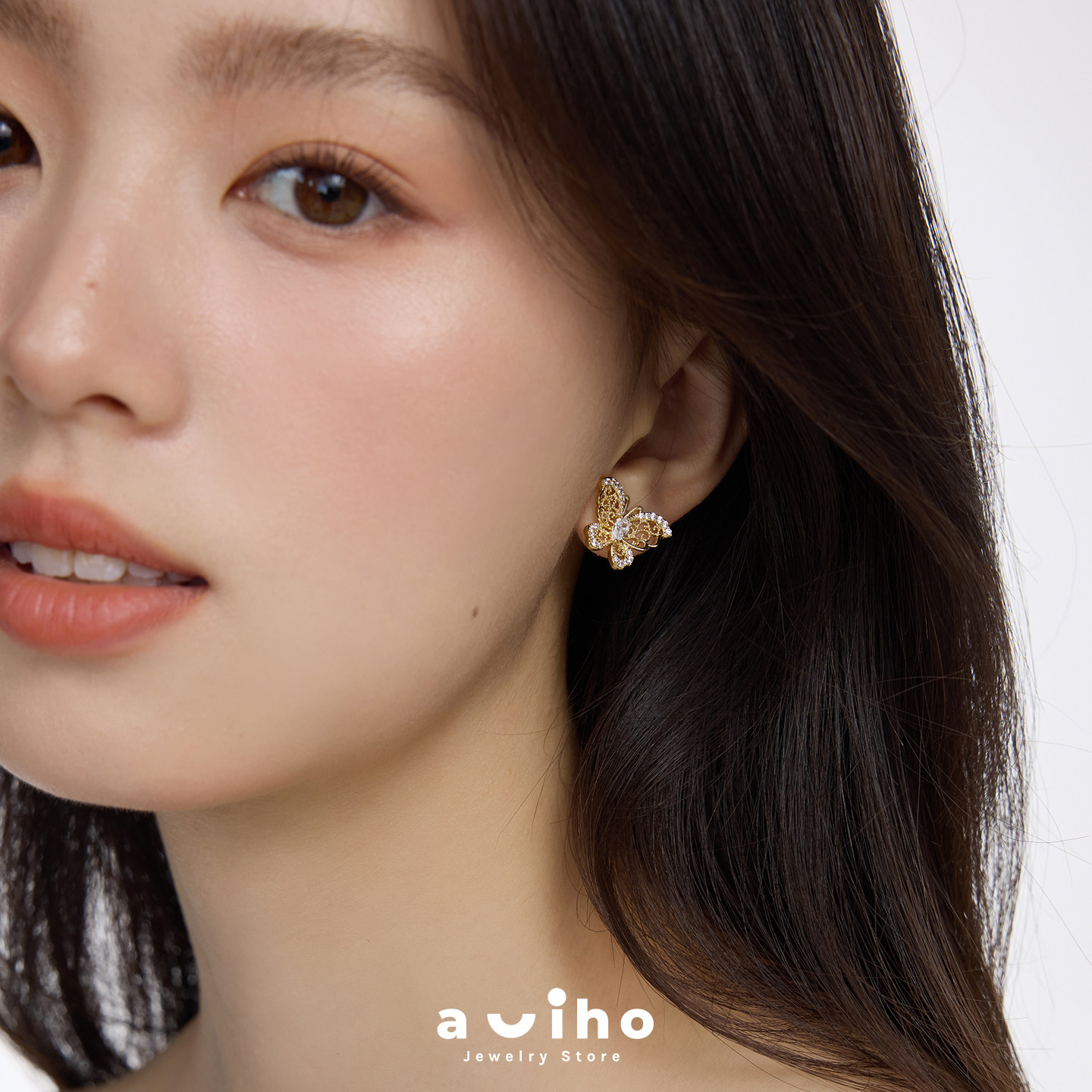 aviho 晨光蝶影 高级镶锆镂空蝴蝶耳钉少女轻奢气质简约新款耳环