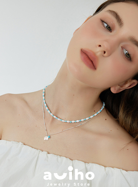 aviho 天然白蝶贝壳串珠项链蓝绿石女轻奢小众高级感新款锁骨链