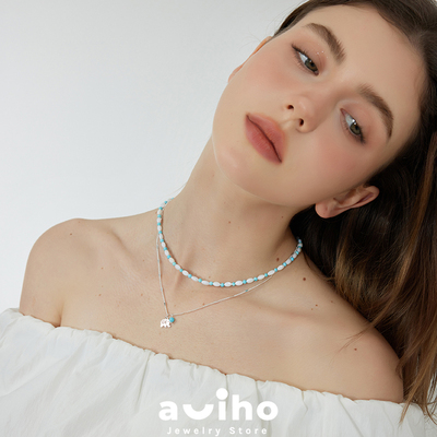 aviho 天然白蝶贝壳串珠项链蓝绿石女轻奢小众高级感新款锁骨链