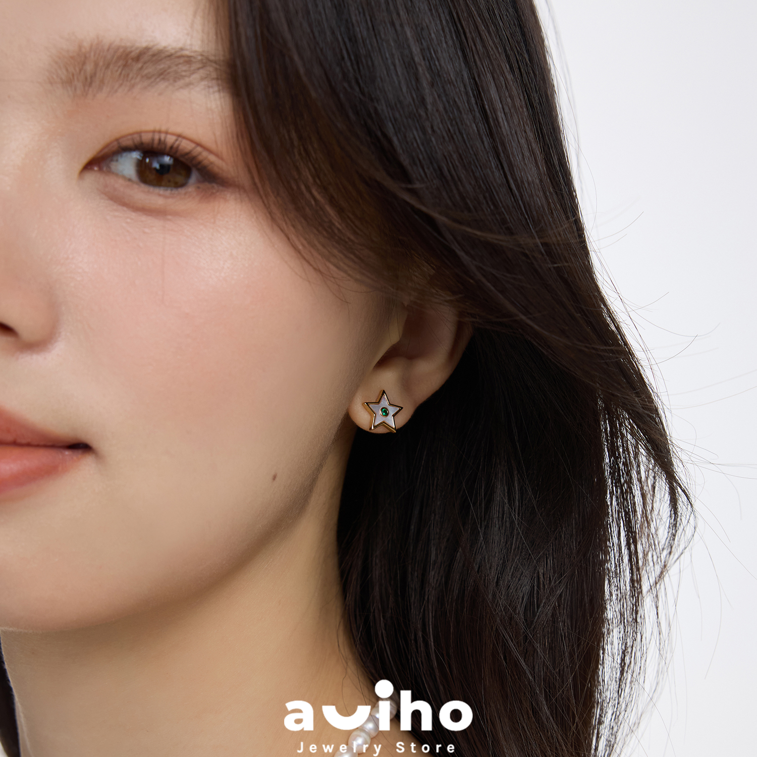 aviho 法式高级简约百搭贝壳贝母星星耳环锆石镶嵌耳钉耳饰
