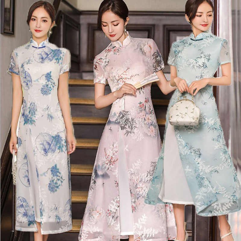 夏季复古立领改良旗袍2025新款日常可穿雪纺绣花婚礼短袖连衣裙子