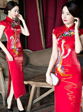 民国复古红色走秀旗袍表演外嫁女回娘家订婚礼服连衣裙高端短袖女