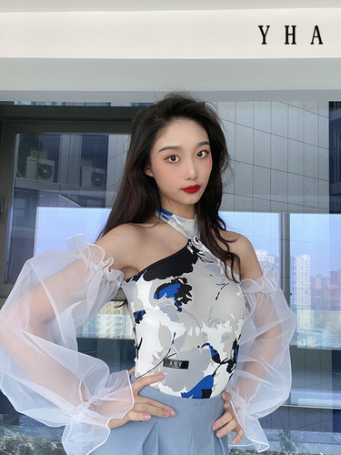 新款长袖摩登舞练功服花色上衣