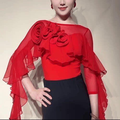 YAH摩登舞2024新款女上衣荷叶七分袖连体飘逸国标舞拉丁舞演出服