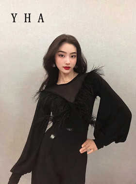 YHA摩登舞练习服上衣女原创设计鸵鸟毛上衣国标舞服拉丁舞表演服