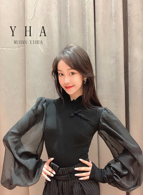 YHA艺华摩登舞服雪纺灯笼长袖旗袍领国风摩登连体上衣拉丁舞上衣