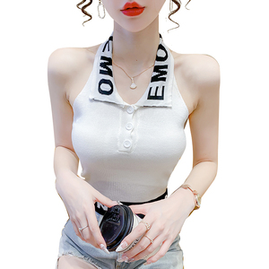 PS18699# 夏季新款小众POLO翻领字母背心韩版女无袖露背紧身撞色针织衫 服装批发女装直播货源