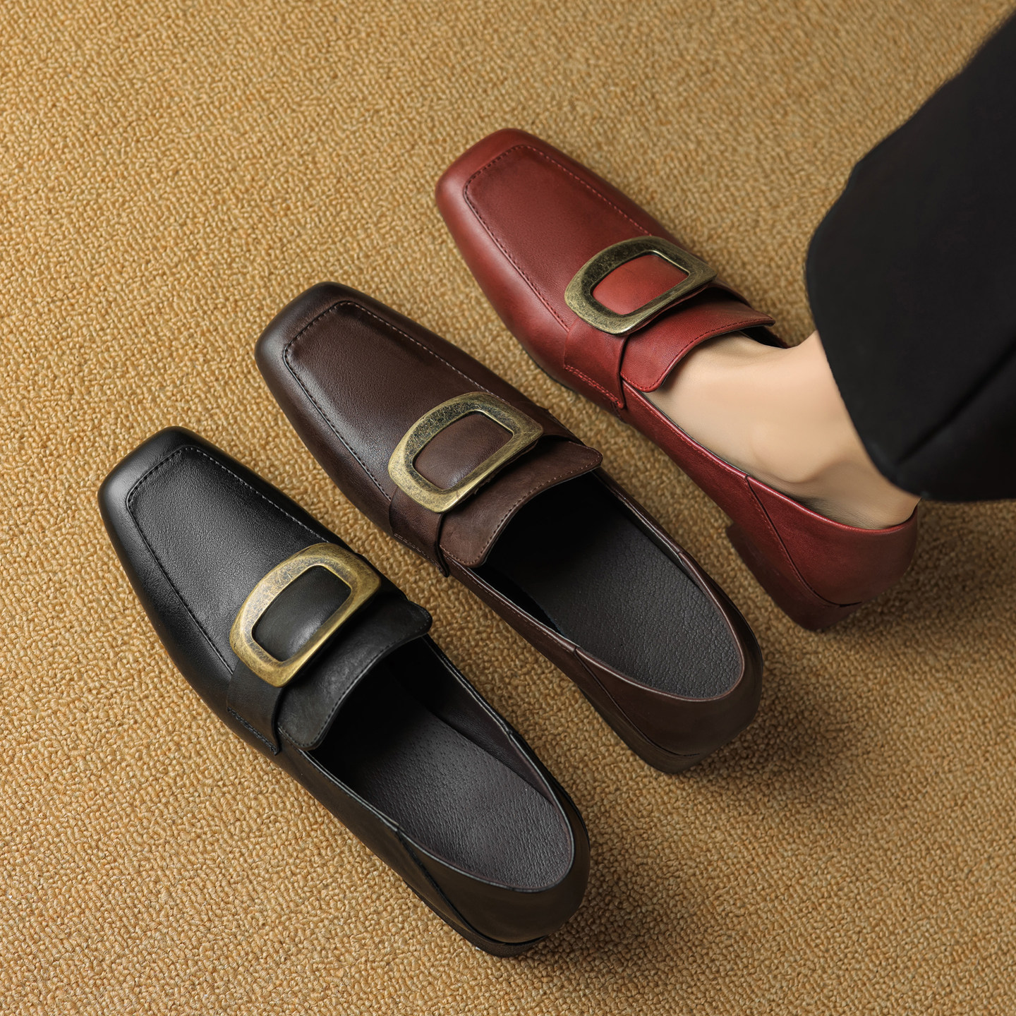 女鞋2026春季新款复古粗跟方头水洗头层牛皮深口中跟方扣女士单鞋,女鞋,深口单鞋,淘宝优惠券,粉丝福利购,淘宝优惠卷