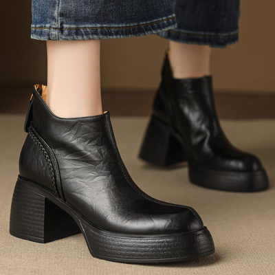 马丁靴2025秋冬季新款复古粗跟厚底后拉链棕色真皮高跟鞋女士短靴