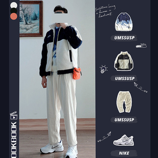 羊羔毛套装潮牌工装立领情男日系棉服外套/浅灰色卫裤 UMSSUSP