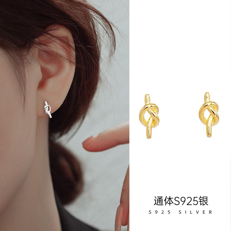 S925银小众新款绳结耳钉女极简百搭几何小巧耳环耳饰ins风