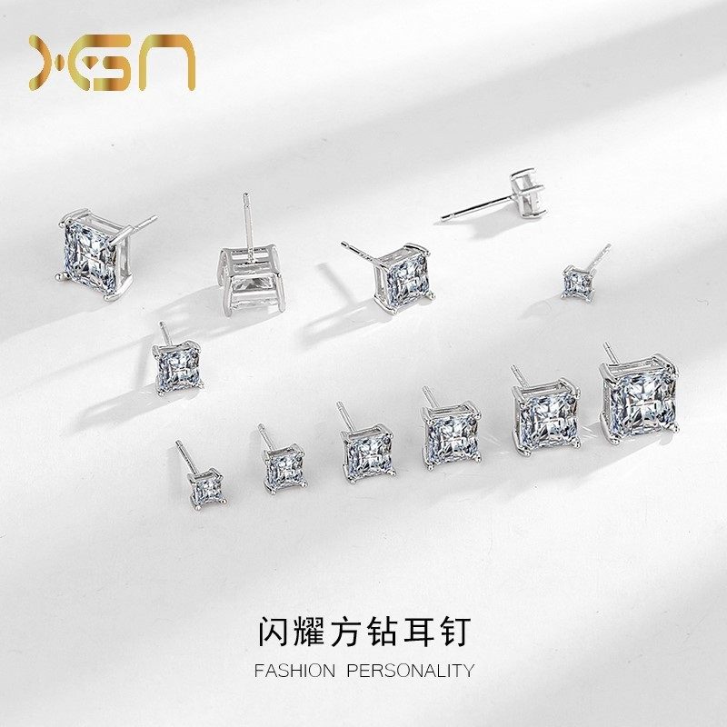 s925纯银公主方钻四爪耳钉男女极简风超闪单钻高级感真钻石耳饰