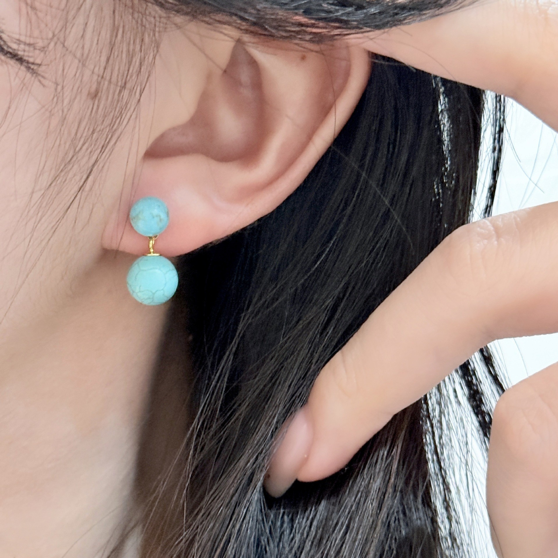 s925纯银大小蓝绿松石双珠耳钉女高级感个性轻奢精致百搭纹理耳饰