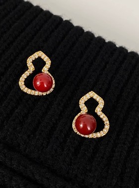 999银针葫芦红色珍珠耳钉本命年气质高级感轻奢小众简约新年耳饰
