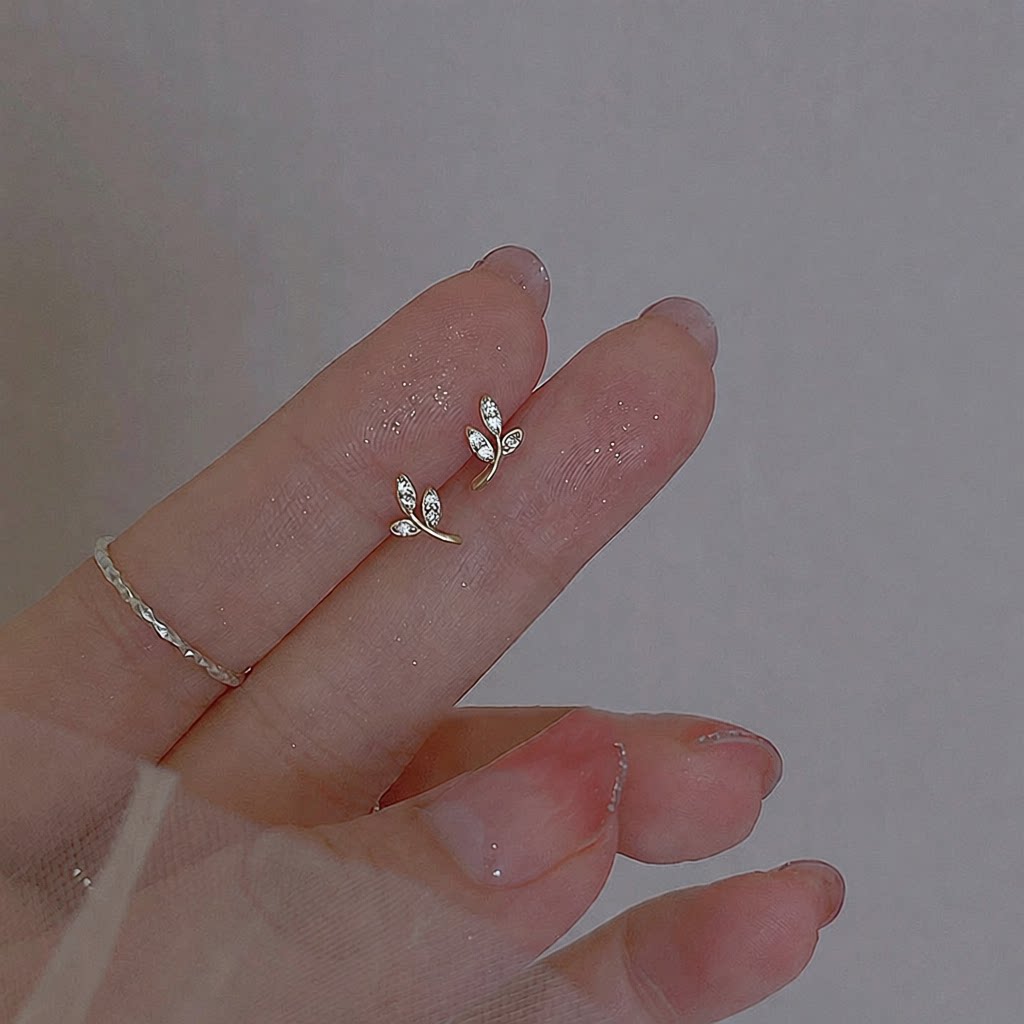 925纯银耳钉迷你橄榄枝耳钉女小