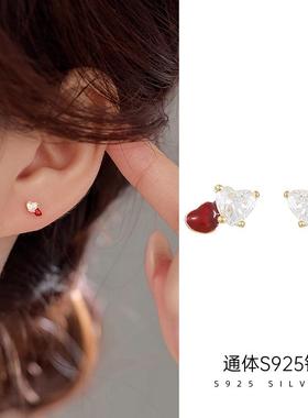 S925银超迷你红色爱心锆石耳钉女甜美学生日常耳饰银饰