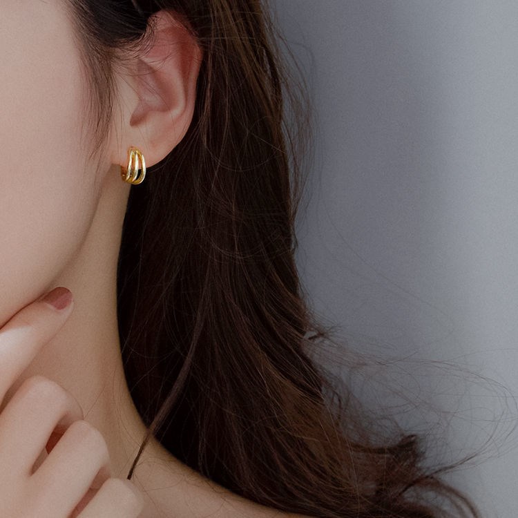 925纯银三层圆圈耳扣耳环女潮ins
