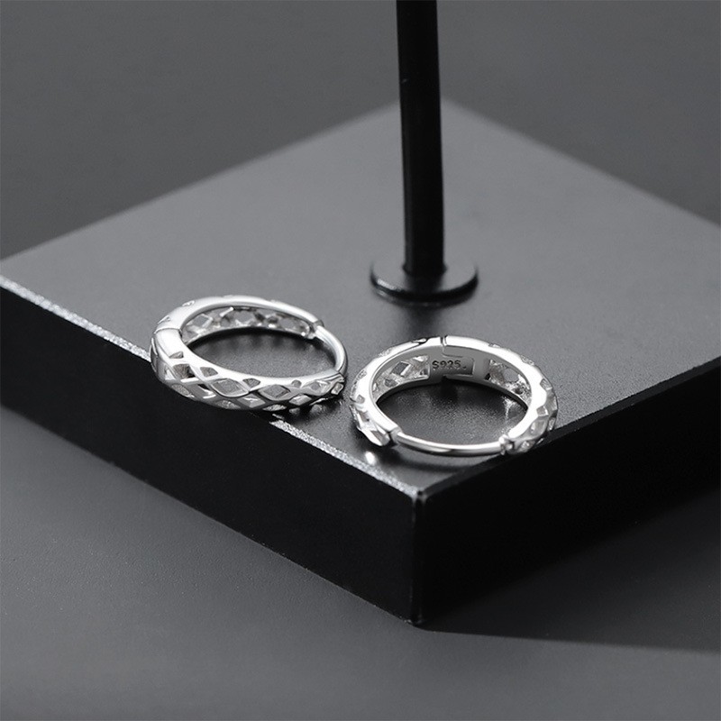 s925纯银罗网耳环男ins潮酷个性小众设计简约高级感镂空耳扣男士