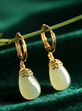 和田玉纯银水滴耳扣女新中式国风绿色玉石水晶金镶玉耳环耳坠耳饰