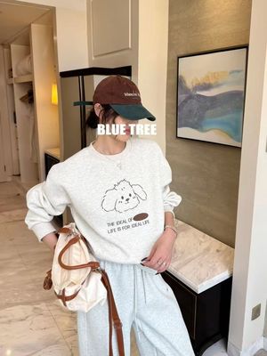 BLUETREE2026春季新款线条小动物时尚韩版宽松圆领卫衣沐棉上衣潮