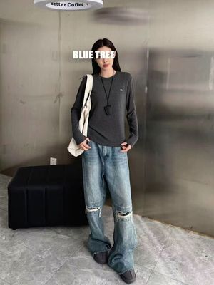 BLUETREE 韩版小版休闲百搭圆领字母印花长袖T恤女打底衫上衣舒适