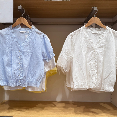 “甜妹本命款”女装棉质提花V领衬衫短袖衬衣泡泡袖木耳边l483881