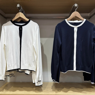 ^棵米0素家女装圆领莫奈尔混纺长袖针织衫上衣撞色边开衫女484505