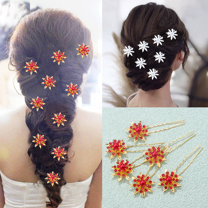 新娘红色珍珠花朵U型发插头饰