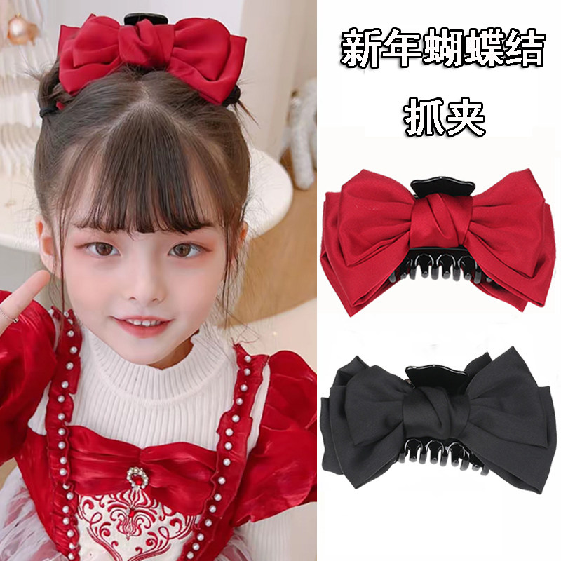 儿童喜庆红色缎面蝴蝶结大号抓夹