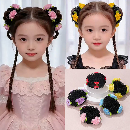 2026春夏儿童丸子头康乃馨花朵发圈女童甜美花苞头盘发假发圈头饰