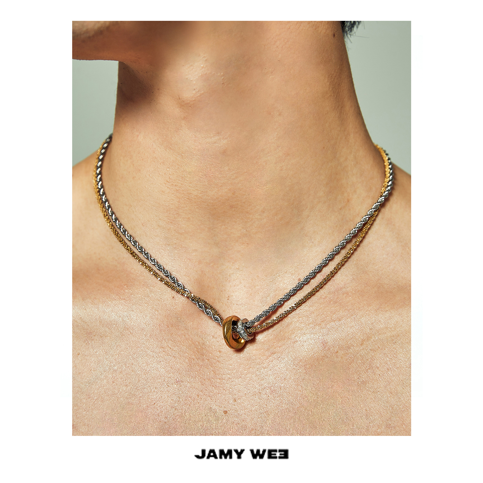 JW情侣款假两条穿环锁骨项链