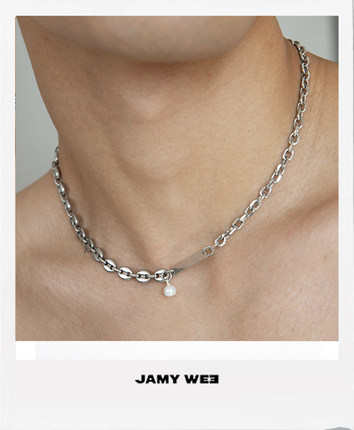 JAMY WEE原创情侣款天然小珍珠吊坠猪鼻孔十字链个性拼接钛钢项链