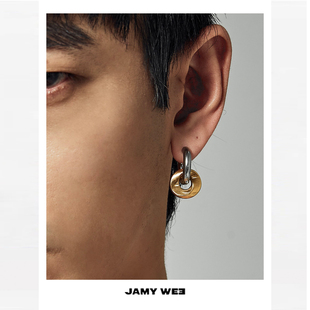 JAMY WEE原创设计 中性款金色莫斯比环吊坠简约嘻哈钛钢粗圈耳环