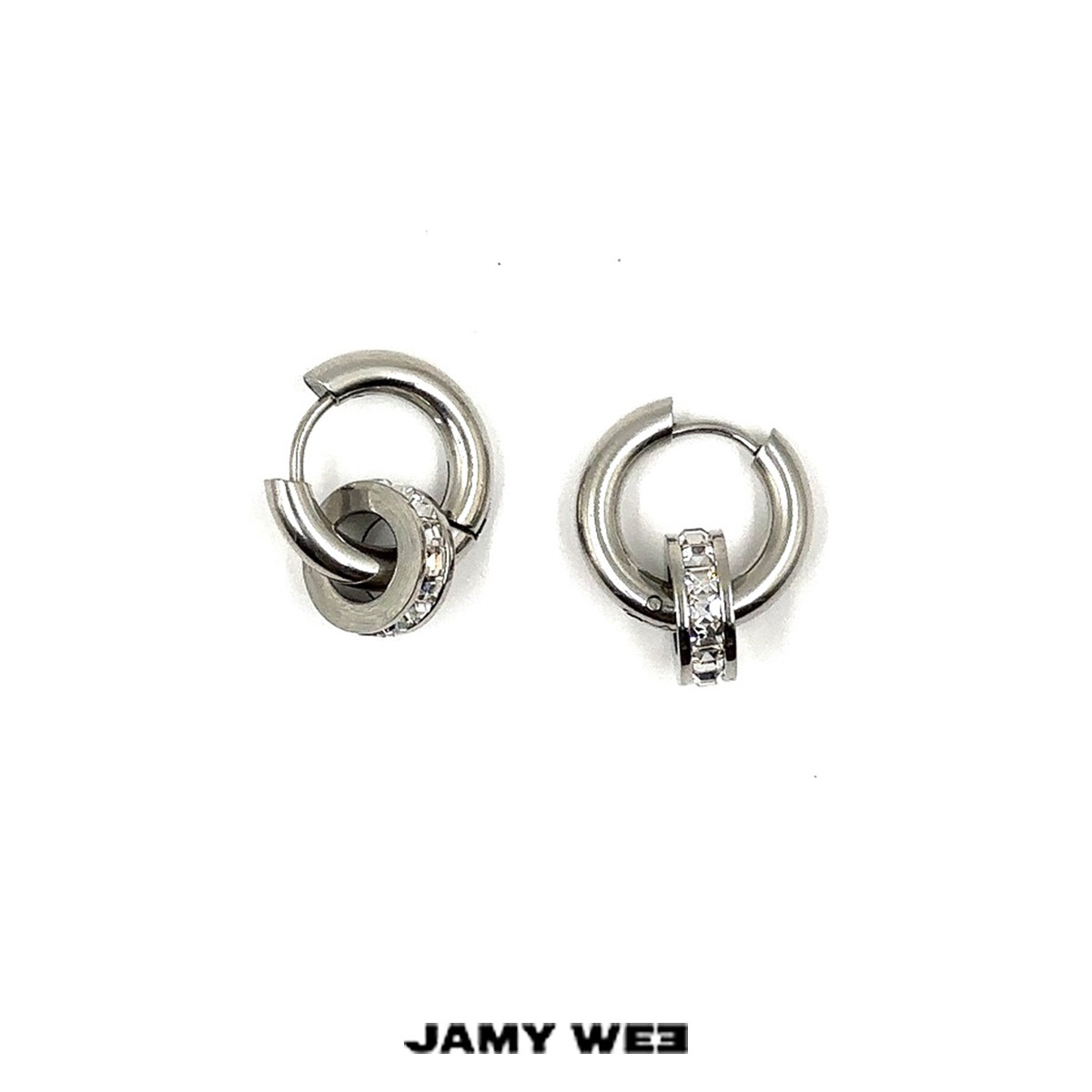 JAMY WEE 穿镶锆石环 时来运转潮流个性 钛钢粗圈耳环