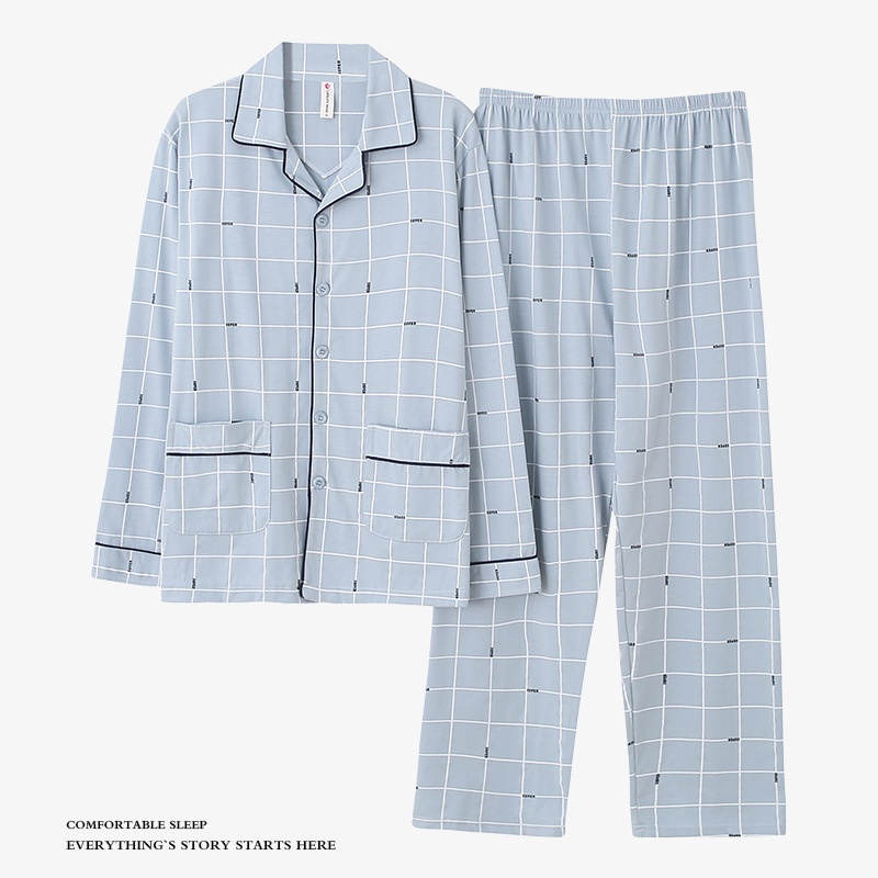睡衣男款春秋季纯棉睡衣男士开衫长袖套装休闲大码秋冬家居服