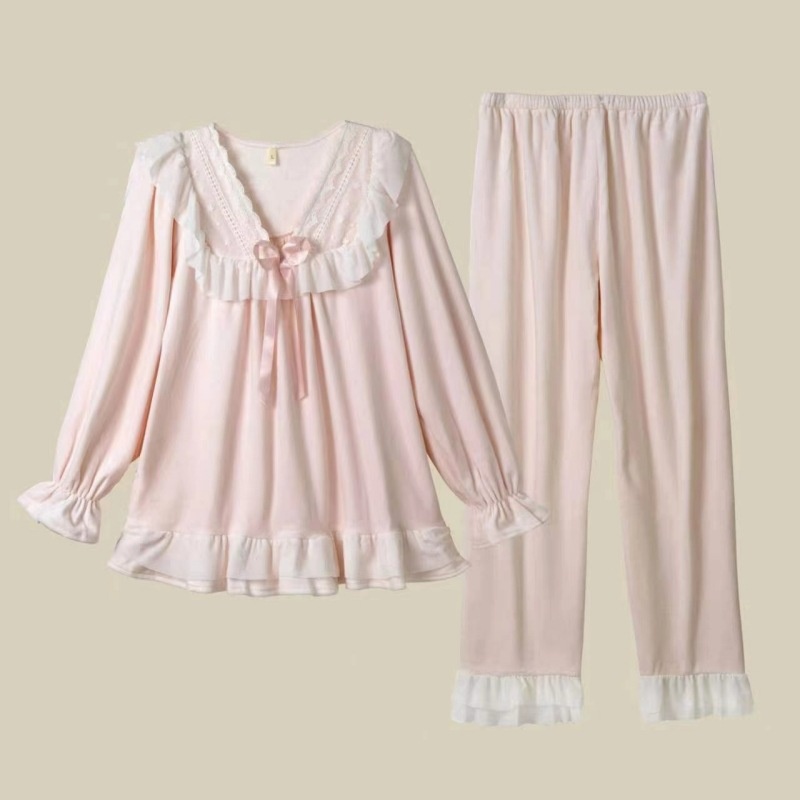 秋冬睡衣女海岛绒长袖长裤套装公主风蕾丝边天鹅绒柔软宽松家居服