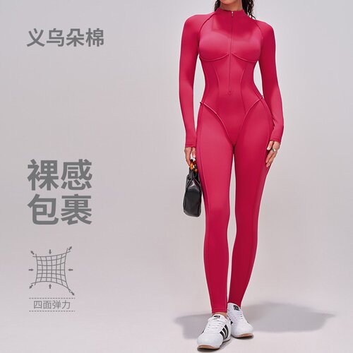 跨境撞色立领连体衣半拉链一体式健身服女高强度运动瑜伽服9326