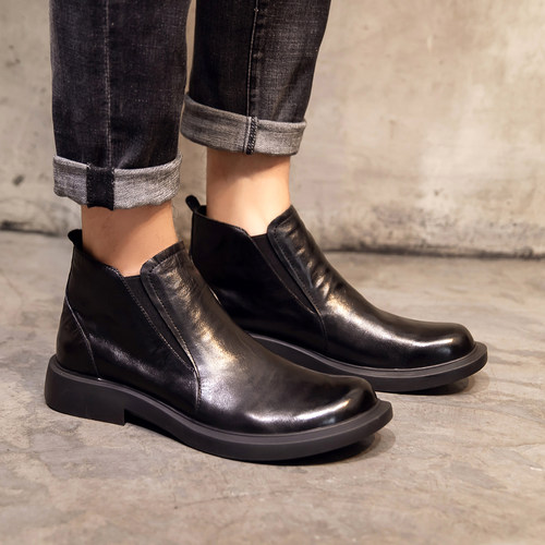 英伦黑色真皮男士短筒切尔西靴