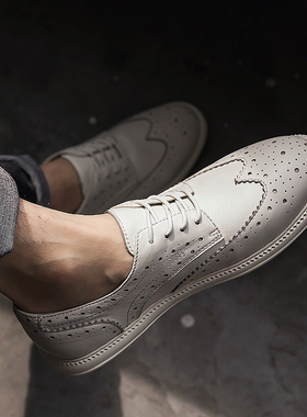 布洛克男鞋子春秋英伦风真皮雕花休闲皮鞋韩版潮男士白色百搭潮鞋