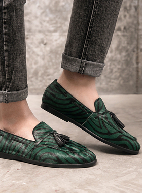 绿色皮鞋男真皮潮流马毛英伦套脚低帮乐福鞋流苏驾车舒适豆豆鞋