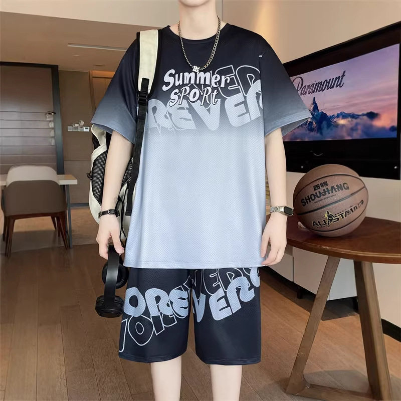 青少年冰丝网眼套装男夏季透气速干初高中学生宽松短袖短裤两件套